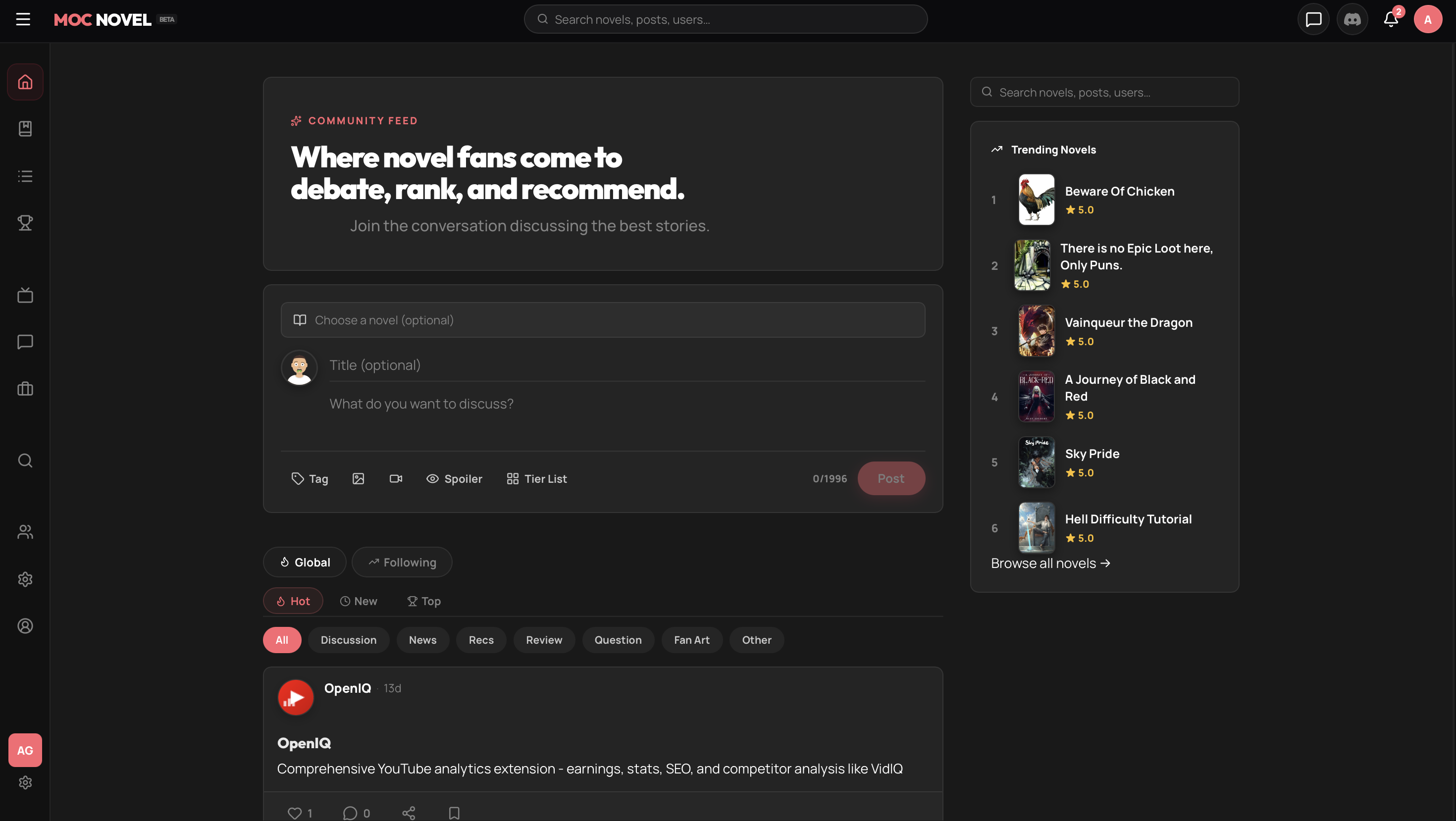 MOC Novel Web Application Dashboard Interface